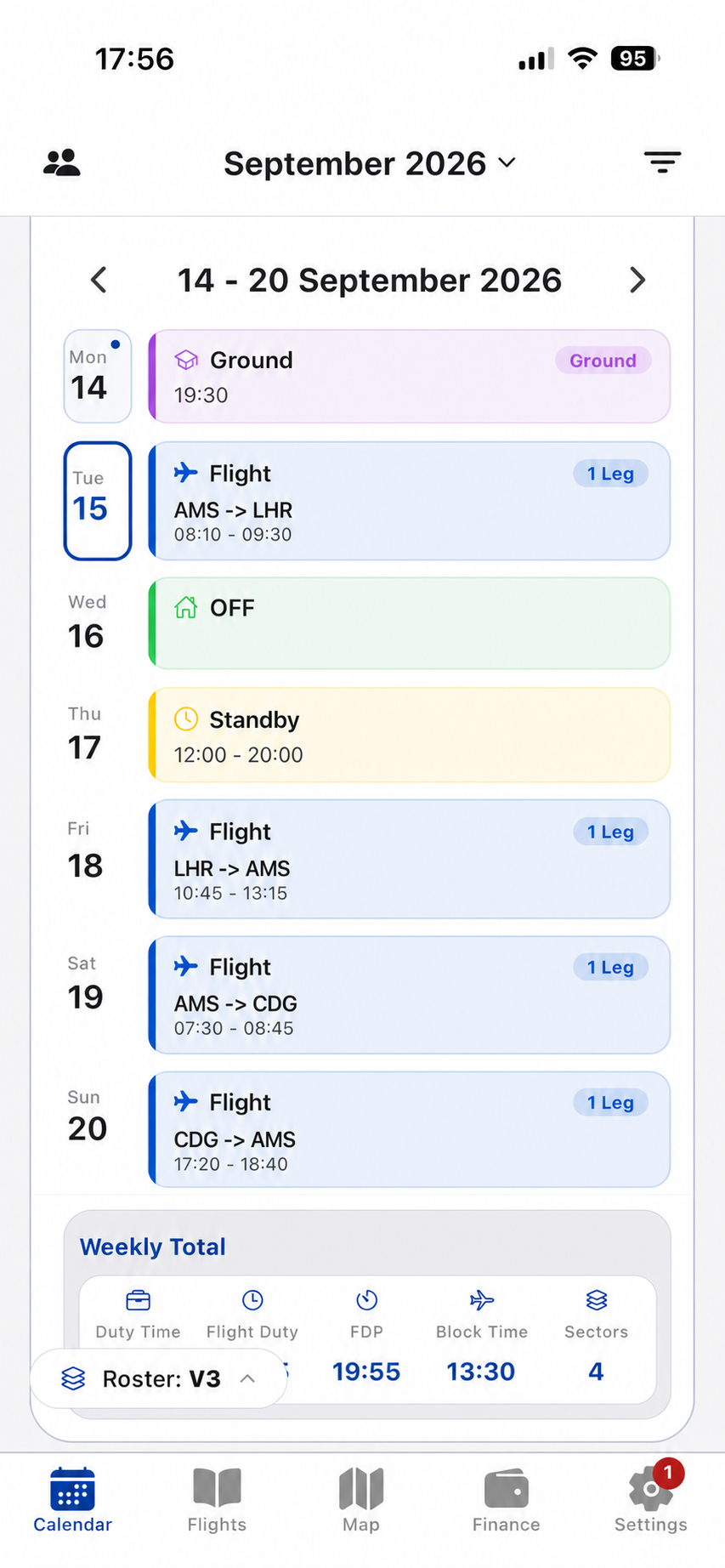 Weekly roster with flight, standby, ground and off duties