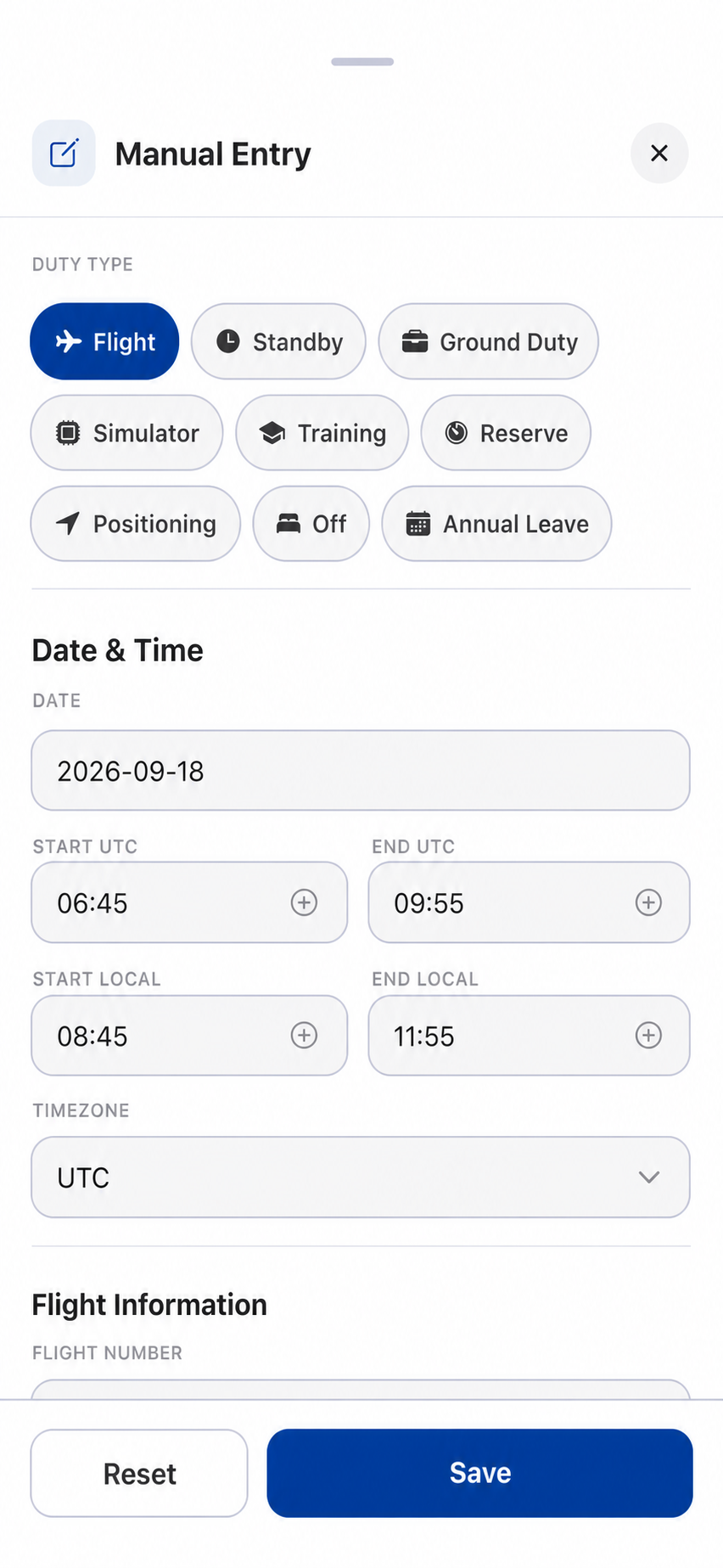 Manual flight and duty entry