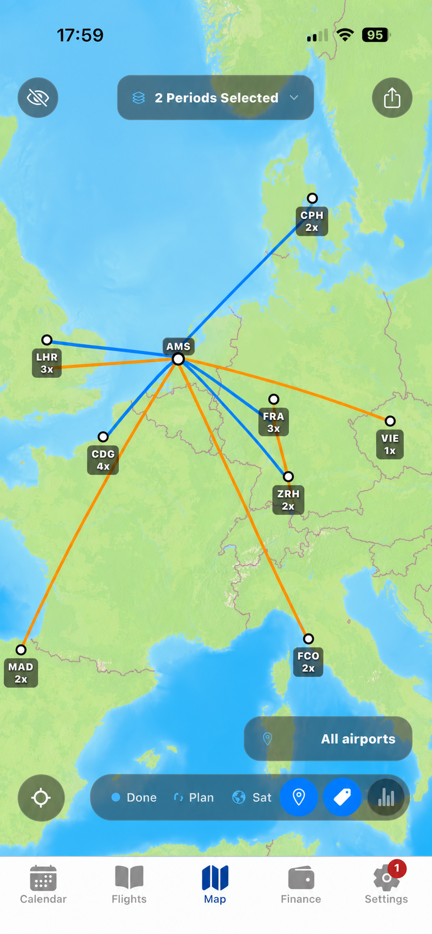 Two Crew Prime route periods compared on one map