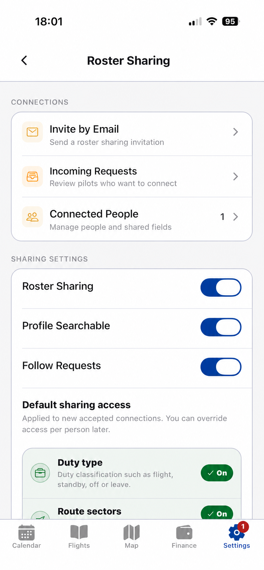 Roster sharing connections and default access