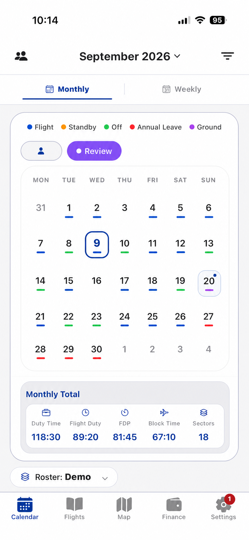 Crew Prime monthly roster calendar